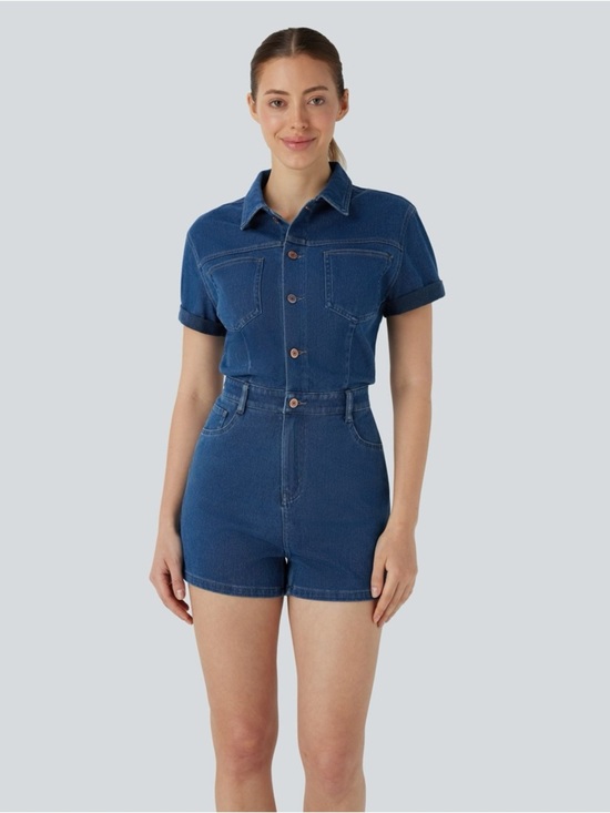 HALARA Pants - HalaraFlex Denim Romper XS Short Sleeve Utility Stretch Shorts Jumpsuit Pockets